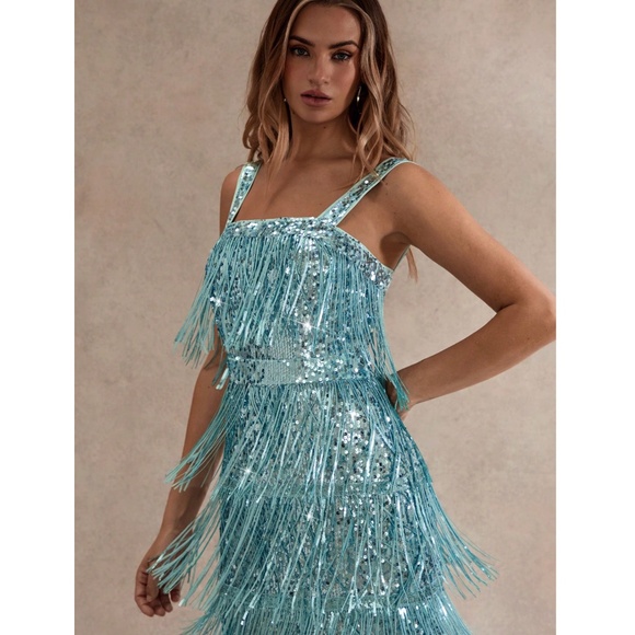 Blue Sequins Party Dress Sequin Fringe, Tassels - Picture 6 of 7
